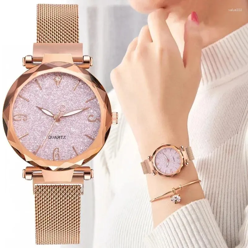 Montre-bracelets Rose Gold Femmes Watch 2024 Top magnétique Starry Sky Lady Wristwatch Mesh Female Clock Femme pour Dropship Relogio Feminino