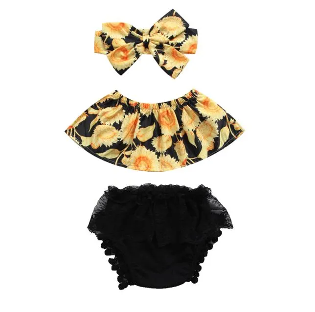 Urocza nowonarodzona dziewczynka kwiatowe ubrania słoneczne topy z uprawy koronkowe brzęczenie Bloomers Shorts Opaska na głowę 3pcs strój dla dzieci odzież 4729915