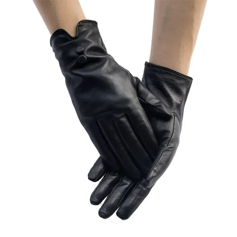 Fårskinn Guantes Mujer 2024 Fashion Button Women's äkta läderhandskar handskar mjuka eleganta vintermantenshandskar kvinnliga