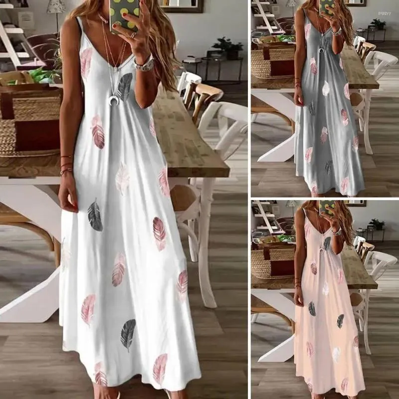 Abiti casual Donne Stampa piuma Maxi vestito in stile bohémien con dettagli a V Neck A-line vacanza per retrò