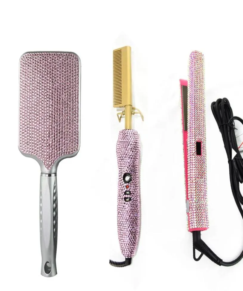 Diamond Crystal Hair Flat Iron Straighteners Curling Brush Hair Dryer Electric Comb Dryer Bling Hair wig Boutique Heating Styl4190582