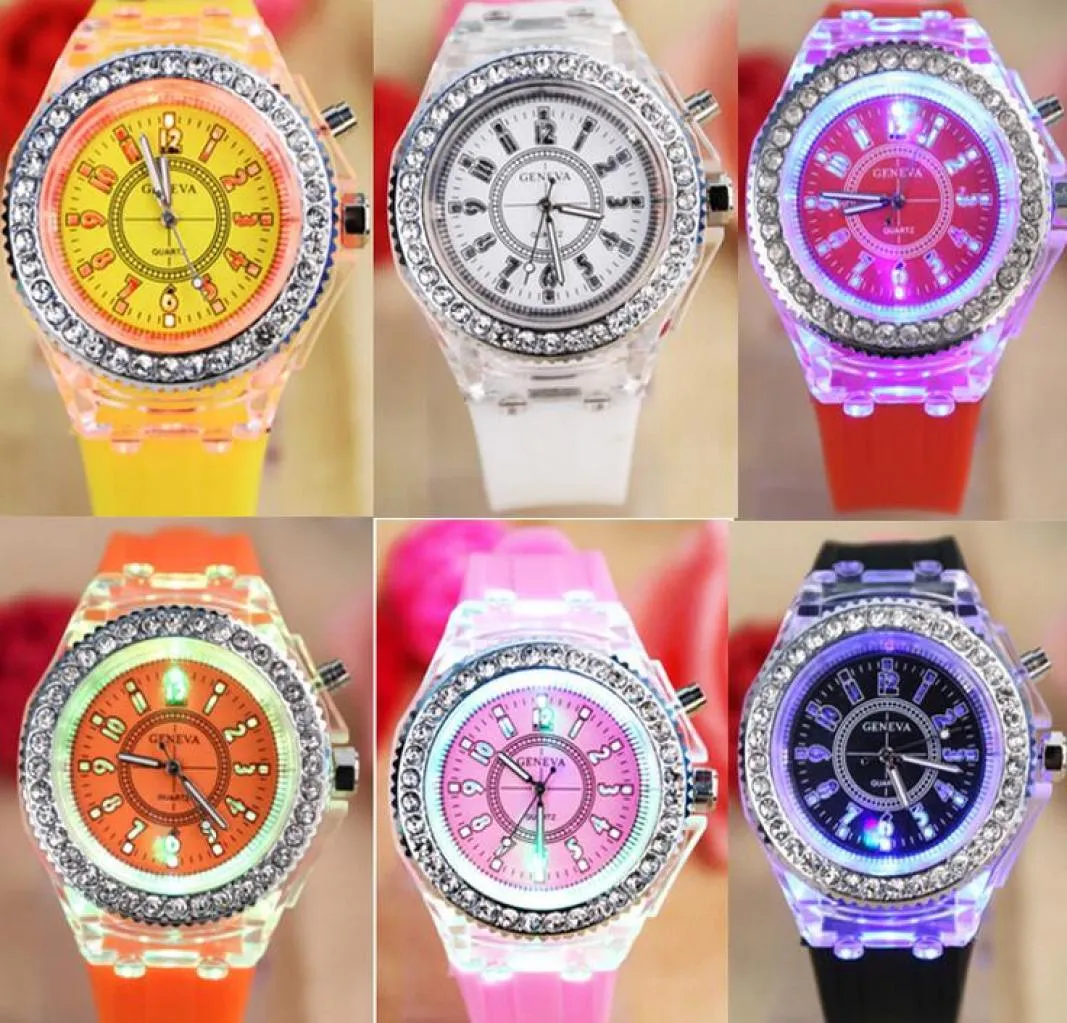 Geneva Led Luminous Diamond Wristwatch crystal Digital light watch unisex Rhinestone silicone jelly candy fashion flash up backlig5804299