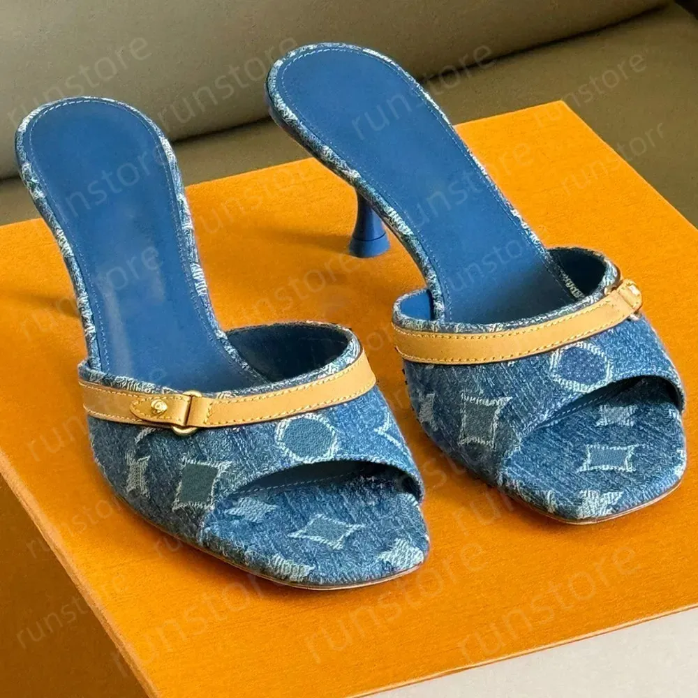 Designer Revival Mule Designer Blue Denim Sandals Embroidered Printed Stiletto Heels Leather Round Toe Flip-Flops Lady Summer Denim Mule Sandal High Heel