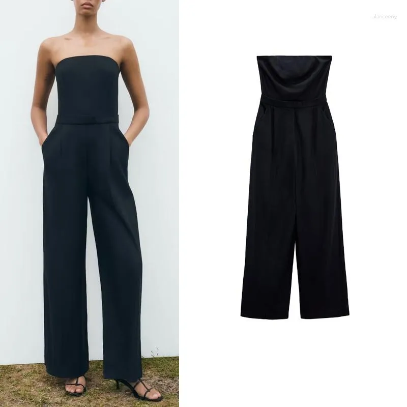 Kvinnors jumpsuits Black Loose Wide Ben Linen Blended Tube Top Pants