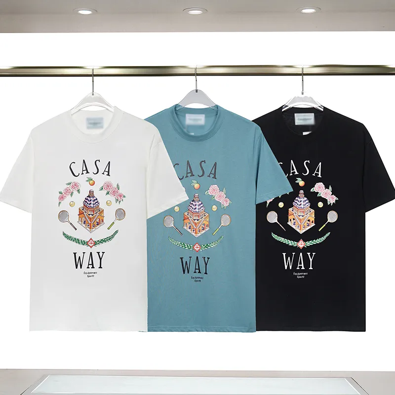 Casablanca 24 Spring Summer T-shirt Designer Fairy Tale Castle Flower Letter Tryck på dubbla garn Bomull Casual Short Sleeve Youth T-shirt för män och kvinnor.