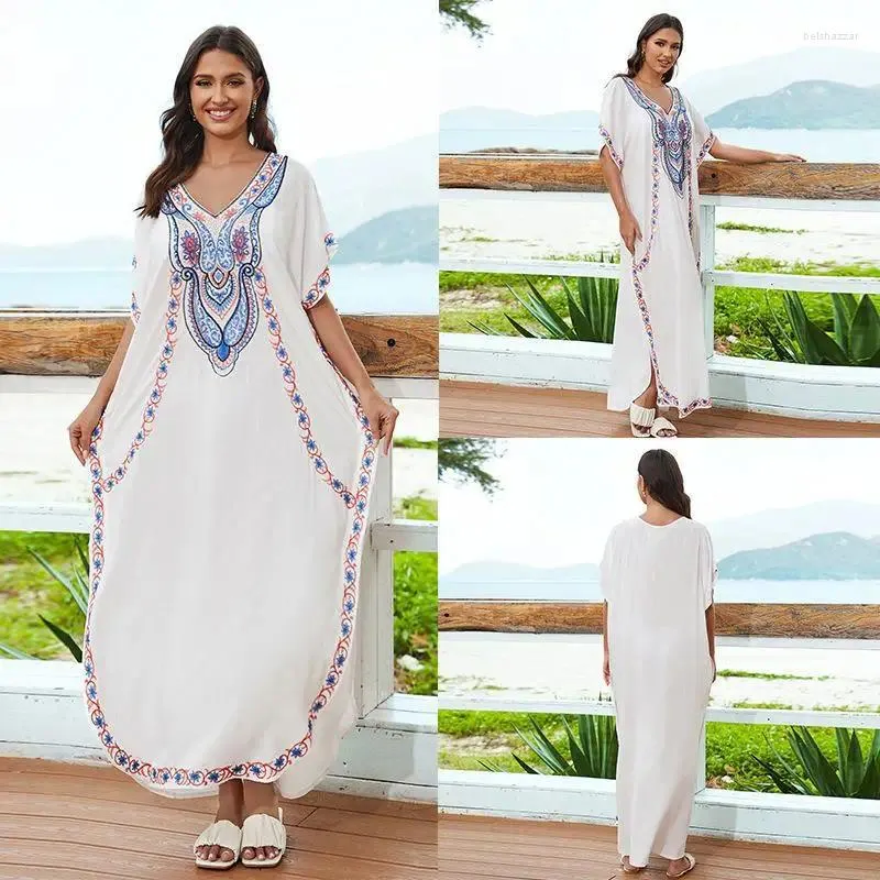 Bordado branco frouxo encobrir boêmia Kaftan Beachwear roupas de praia de férias grandes de férias maiús