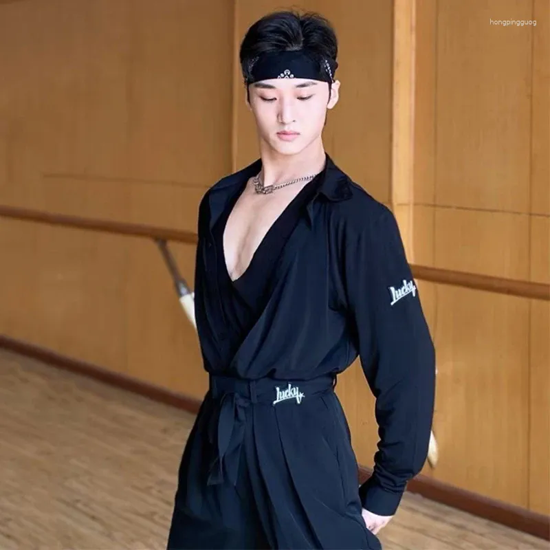 Abbigliamento da palcoscenico abiti da danza latina sciolte camicia nere tops pantaloni maschio sala da ballo pratica con competizione dnv19809