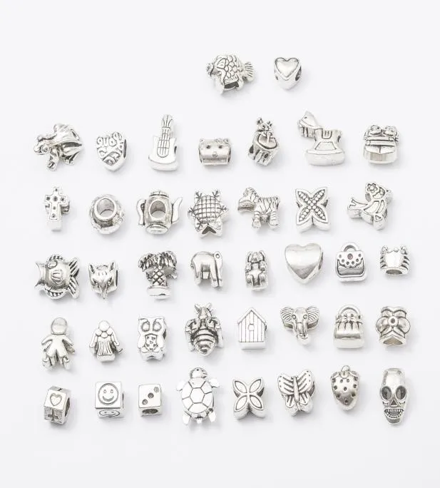 Mix Metals 40 Style Antique Silver Plated Alloy Big Hole Charms Spacer Beads fit bracelet DIY Jewelry Necklaces Pendants6436333