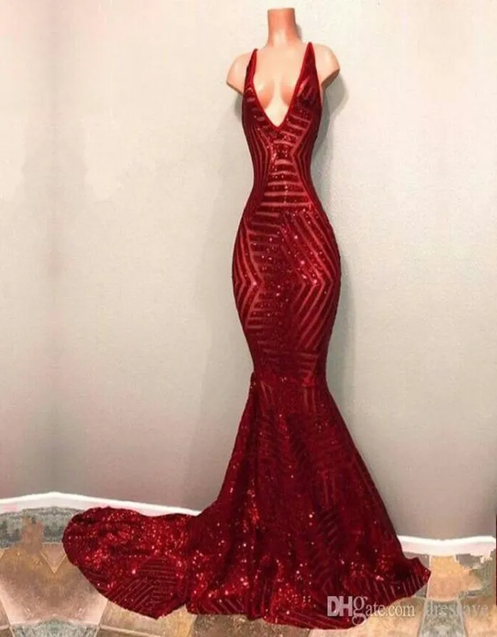 Red Sequined African Prom Party Dresses Sleeveless Mermaid Plunging V Neck Black Girl Evening Gowns2218473