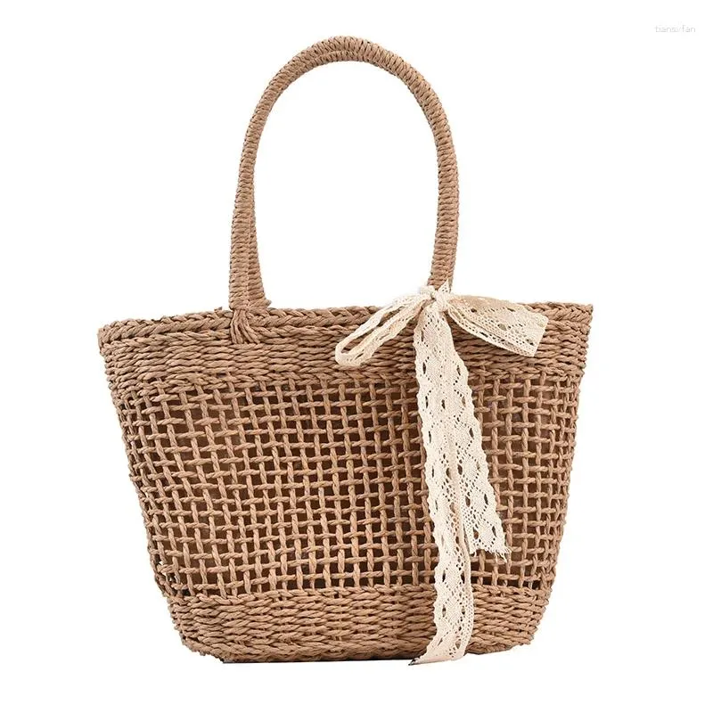 Axelväskor Summer Wicker Tote For Women's Rattan Woven Handgjorda väska Kvinnliga strandstrån Damer 2024 Fashion Top Handtag