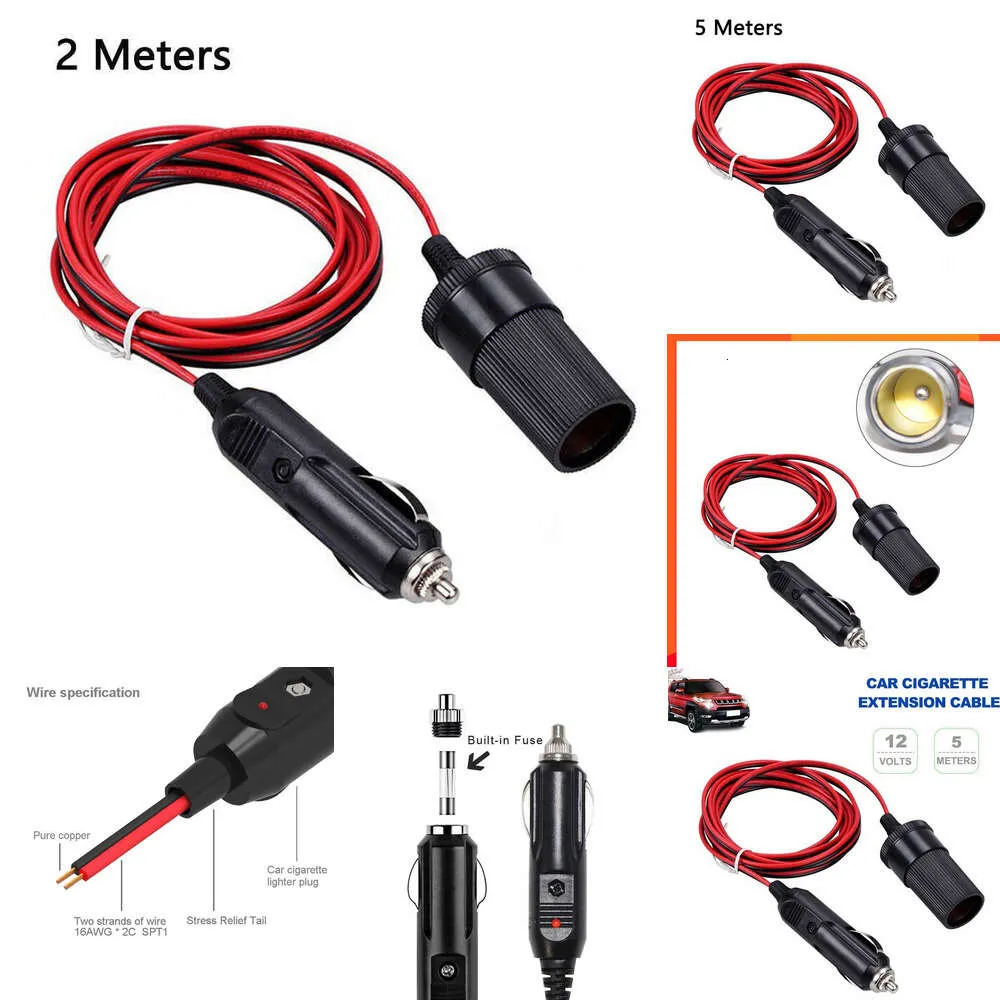 2024 2M/5M Light Power Socket Adaptor Extension Cable Plug Extension Cable Car Cigar Lighter Adapter Socket Charger Lead