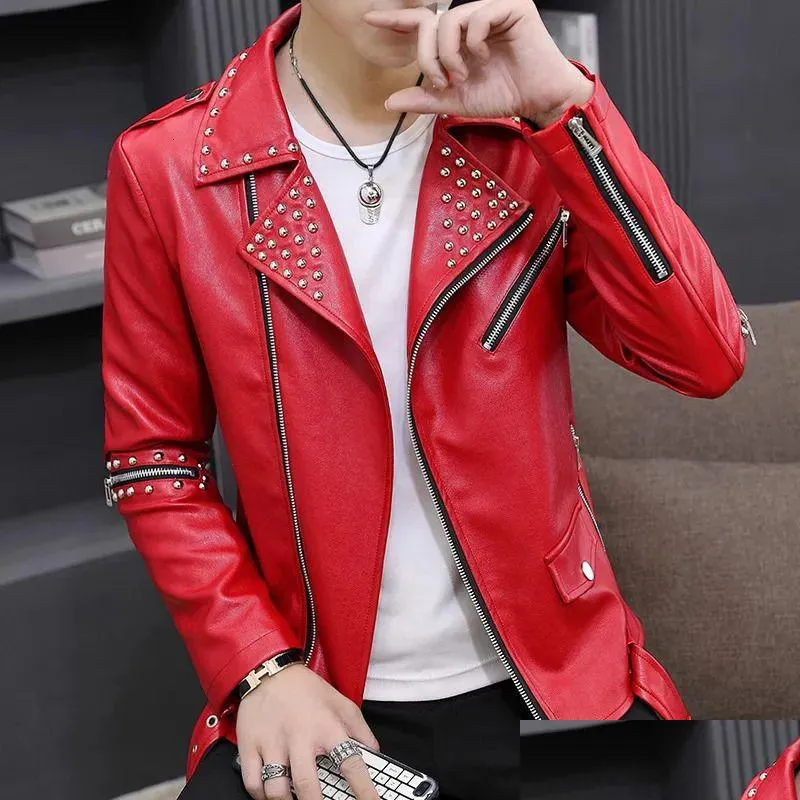 Cuir Faux Mens Hoo Hoo Casual Automne Slim Fit Handsome Rivet Oblique Zipper Veste Jeunesse de Motorcycle tendance PU Drop Liviling App Dhekn