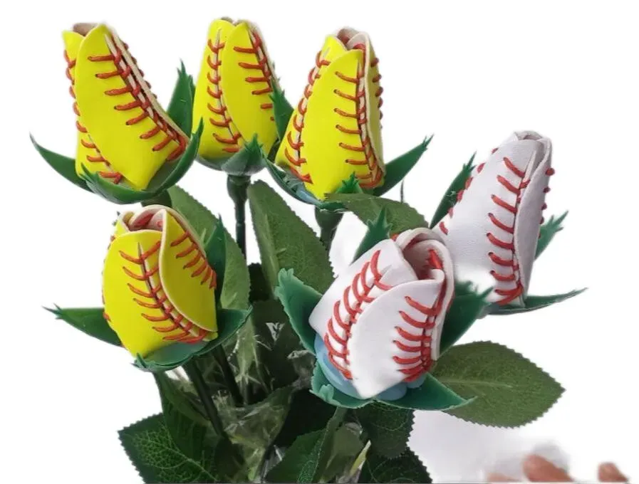 collectable athletic baseball softball leather roses yellow red stitching seam softball graduation gift rose flower Connectors
