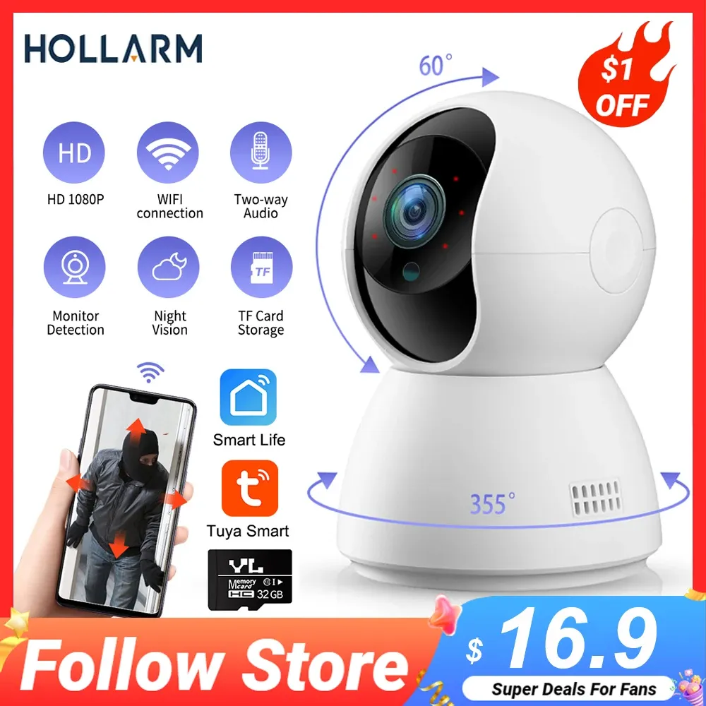 System Hollarm 1080p WiFi IP -camera Tuya Surveillance Camera Automatische tracking Smart Home Security Indoor WiFi Wireless Baby Monitor