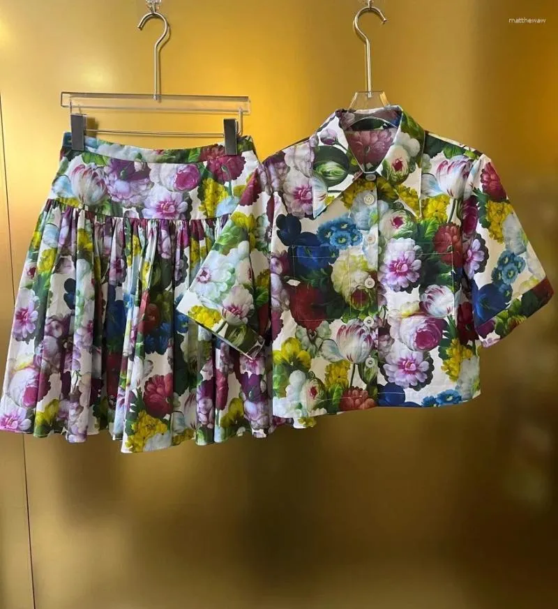 Work Dresses 2024 Spring Summer Flower Print Double Pocket Turndown Collar Short Sleeved Shirt A-line Pleated Skirt Woman Two Piece Set