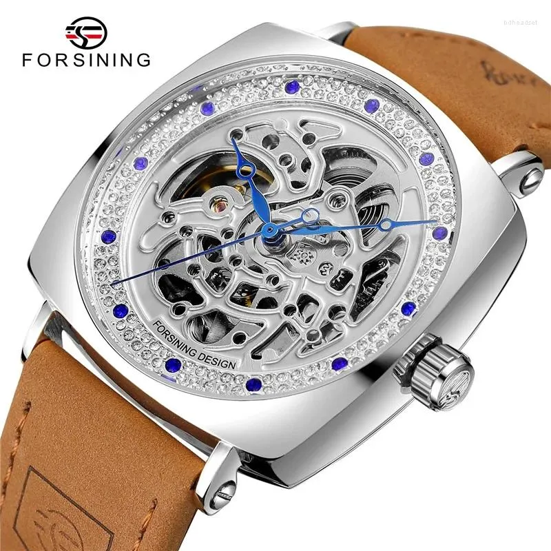 Montre-bracelets qui forsine 242a hommes regardent une horloge de mode mécanique automatique véritable cuir imperméable montre masculin.