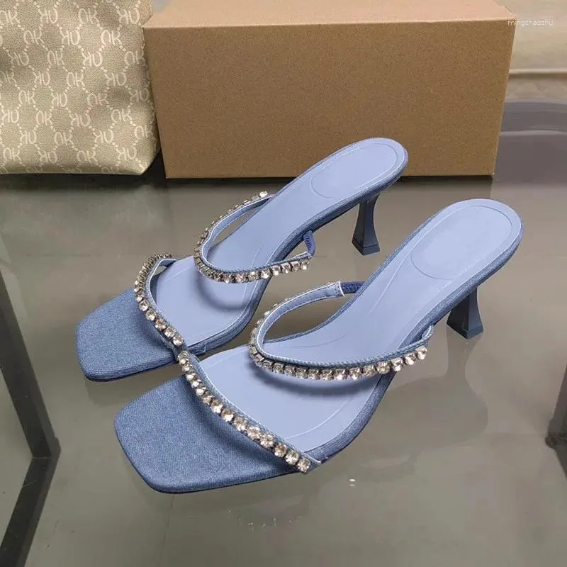 Pantofole Scarpe Zafetou per donne 2024 Piazza Spring a testa aperta con tacchi alti con le dita dei piedi sdoglini con sandali ad aria posteriore a diamante blu