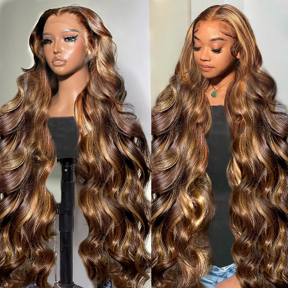 38 Inch Body Wave Highlight Ombre Lace Front Wig - Honey Blonde Human ...
