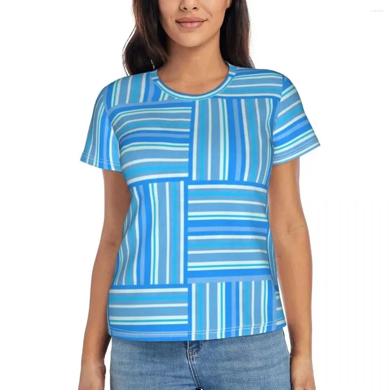Kvinnors T-skjortor Kvinna T-shirt Summer Blue and White Rands T-shirt Färgglada linjer trycker Y2K Roliga klassiska tryckta överdimensionerade kläder