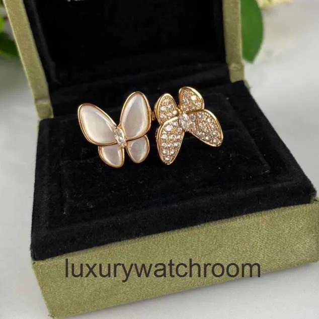 Roches de bijoux haut de gamme pour Vancleff Womens Fashionable and White Fritillaria Butterfly Prayer Diamond Open Anneau pour les femmes Réglable Original 1: 1 avec un vrai logo