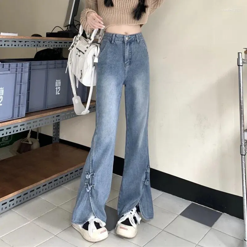 Damesjeans Vintage Split Light Blauwe enkellengte broek Women Hoge Taille Denim Y2K Streetwear Straight Wide Been Flare Pant Koreaans Chic