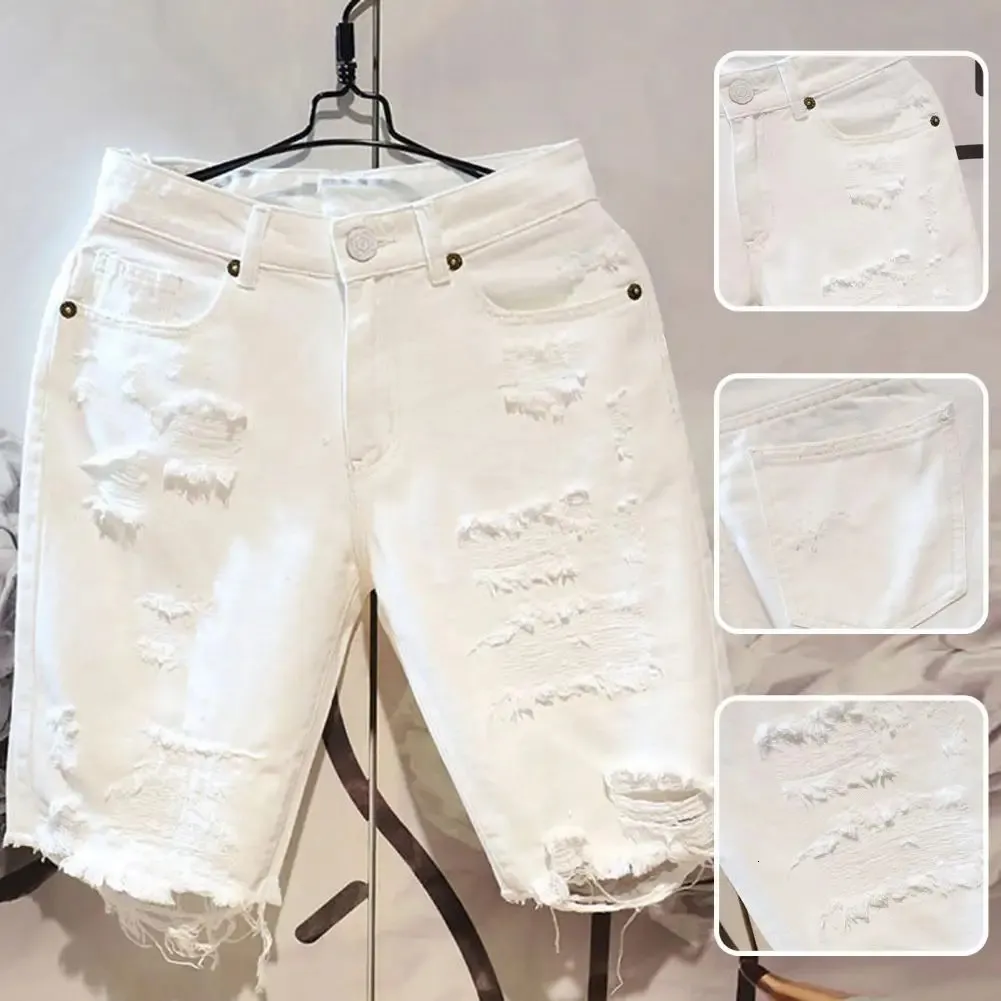 Summer Short Pants Hip Hop Button Zipper Stängning Män Summer Short Jeans Ripped Hole Cotton Men Summer Shorts Män kläder 240410