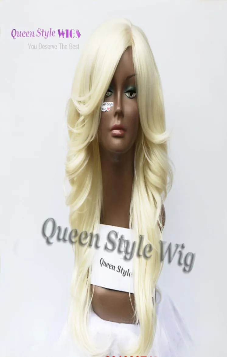 Femmes sexy perruques pastel blonde longue éversion ondulée coiffure bouclée perruque de frange oblique perruque synthétique de couleur blonde pâle Wig2255914