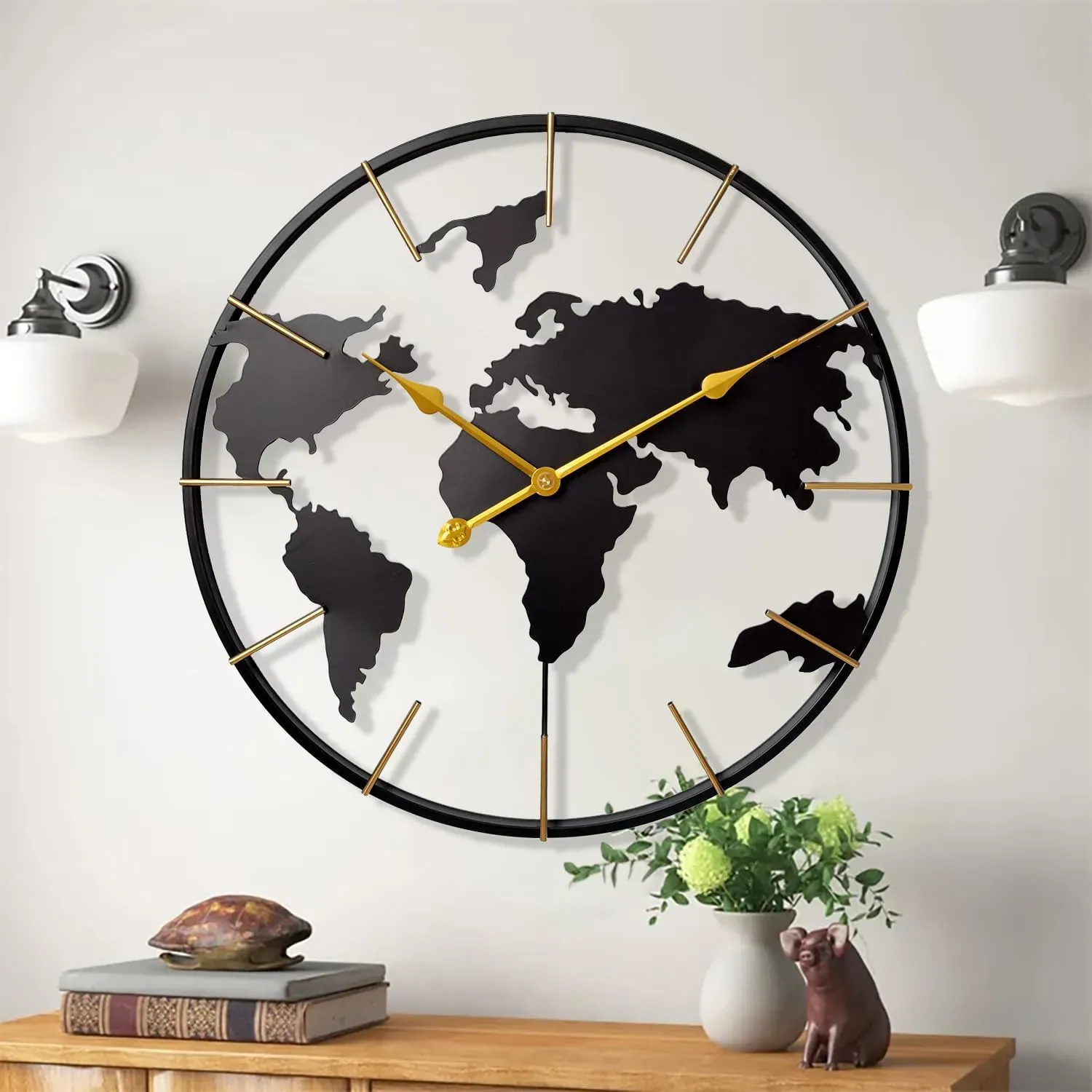 時計大規模な世界地図の壁の時計、金属ミニマリストのモダンな時計、丸いサイレント非バッテリー操作壁時計/ho/ho