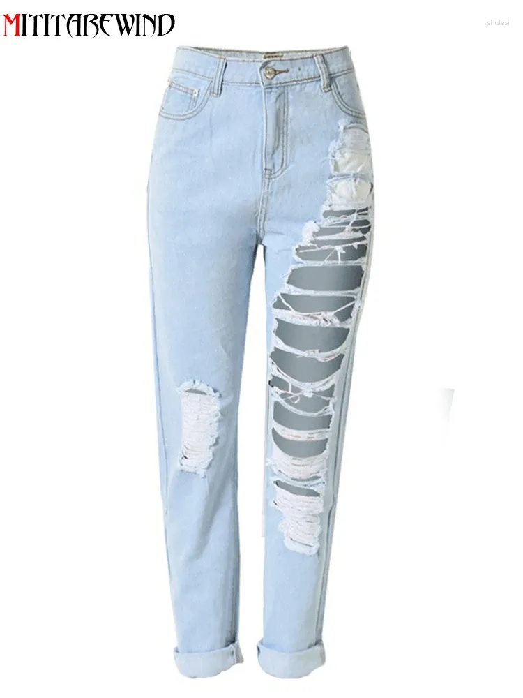 Kvinnors jeans hål denim byxor kvinnor mode avslappnad rak hög midja byxor rippade femme punk stil bomullsgata