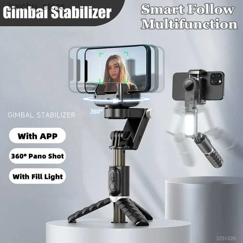 Monopodi selfie 2024 Nuovo Bluetooth Wireless Stabilizer Gimbal Stick Selfie Stick a 360 gradi Tracciamento a faccia intelligente Registrazione dal vivo con Fill Light Y240418