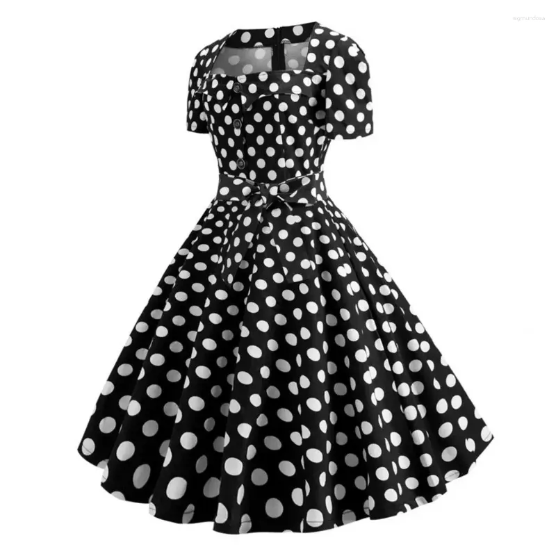 Robes décontractées robe de pin-up vintage rétro 1950S midi en ligne avec le cou carré gros ourlet décor de décoration de bouton assorti la bouteille