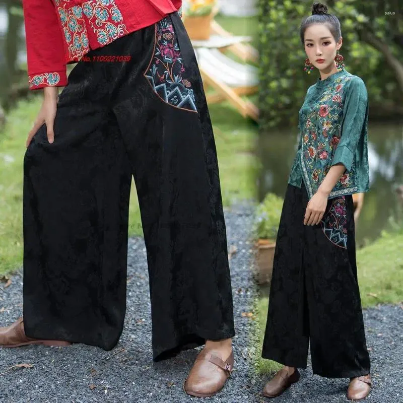 Этническая одежда 2024 Китайская винтажная атласная атласная брюк Блумеры Национальная цветочная вышива