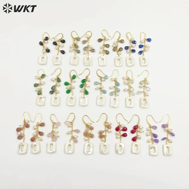 Stud Earrings WT-MPE107 Fashion Bohemian Handmade Gold Drop Stone Wire Wrapped Square Shell Charming In 10 Pairs