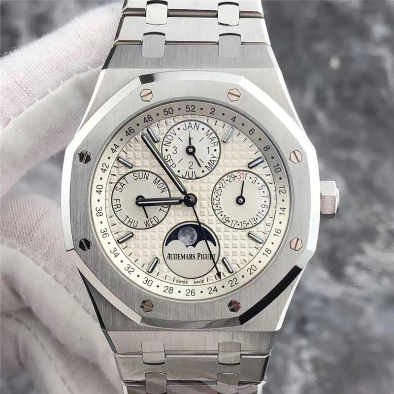 Designer Watch Luksusowe automatyczne zegarki mechaniczne 26574st Perpetual Calendar Stal nierdzewna męska faza Księżyc Przezroczysty dolna część Pełne zestaw