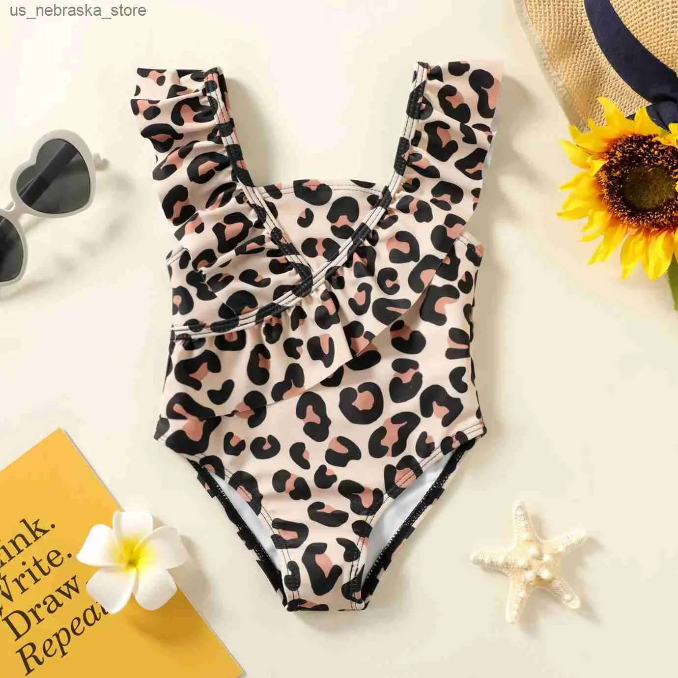 ワンピースの女の赤ちゃんヒョウ柄のプリーツ装飾的なワンピース水着柔らかく快適な夏Q240418