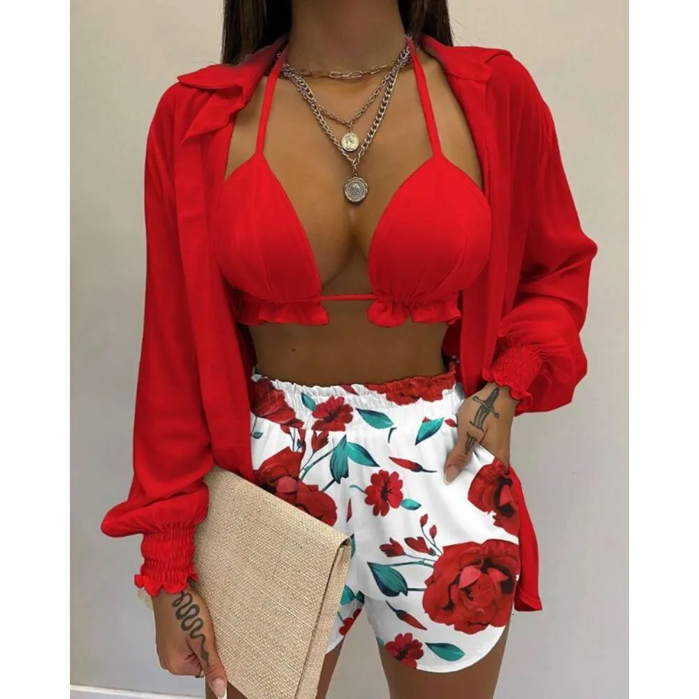 Designer women's clothing 2024 summer casual Womens Fashion Printing new sexy summer solid print 3-piece suit women for women Short sleeved shirt and shorts set DY2Z