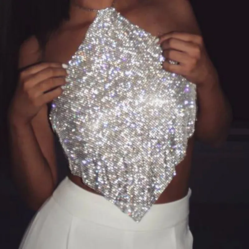 Glanzende diamant dames tanktop kristal strass rhinestone halter laag buitensachtige crop tops sexy nachtclub y2k festival rave feest camis 240408
