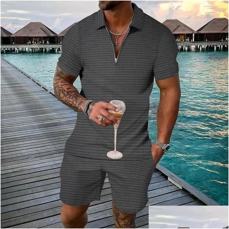 Men'S Tracksuits Mens Summer Fashion Short Sleeve Men 2Pcs Suit Fit Male Casual Social Leisure Gri Fitness Sports Sets Drop Delivery Dholg