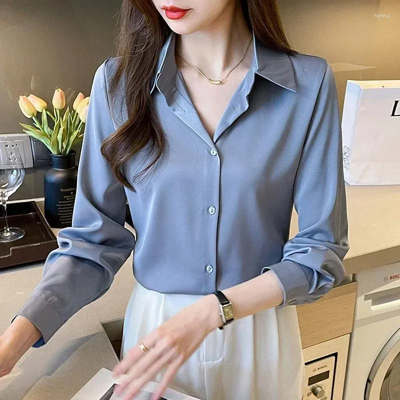 Women's Blouses 2024 Spring Fashion Elegante Satijnen shirts Solid Color Ladies Causale vrouwen lange mouw vrouwelijke tops