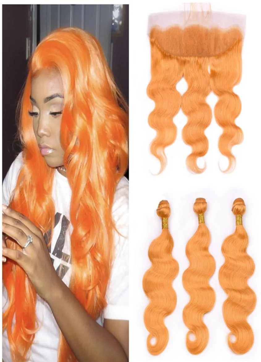 Facos de cabelo humano laranja com fechamento frontal Extensões de cabelo virgem virgem da Malásia Virgem Pacote de cabelo laranja 3pcs lida com renda FRO3721085