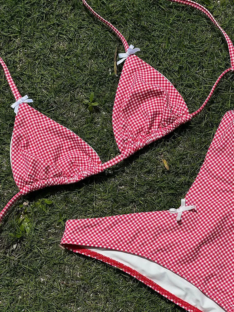 Palid Baskı Bikinis Yay Mayo Kadın Mayo Üçgen Bikini Set Bandaj Bankası Takım Düşük Bel Tanga Plaj Giyim Biqueini 240416