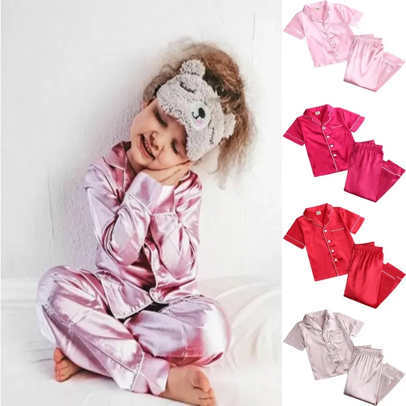 Zomer pyjama -sets voor meisjes zijden satijn toppant lange mouw solide zijdeachtige pyjama nachthemd kinderen slaapkleding voor jongenskleding 240407