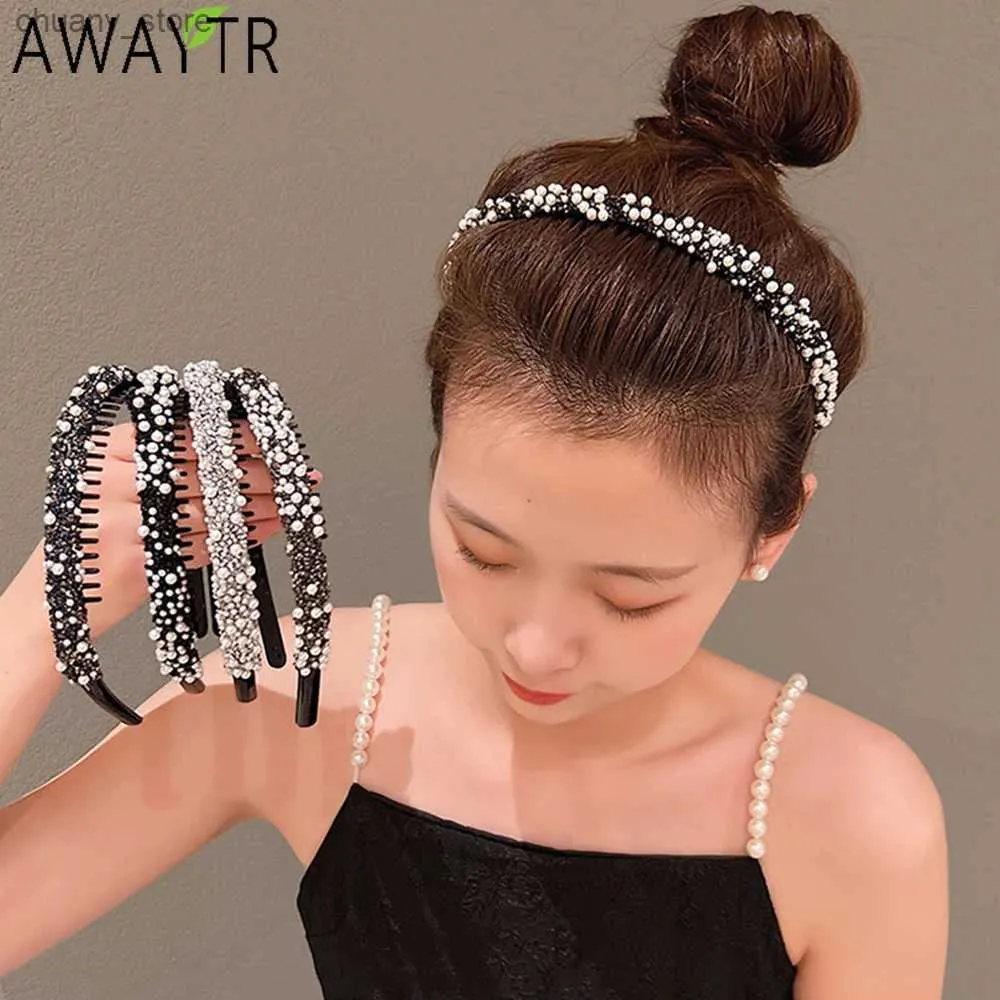 Bands de caoutchouc de cheveux Awaytr Pearl Decorated Womens Band Fashion Hair Bands Hoop Plastic Crow Plastic Band pour adultes Girls Headwear Y240417