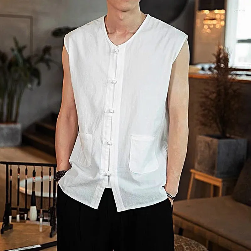 Men's Casual Shirts Men Summer Asian Style Vintage Sleeveless Tank Tops Tees Chinese Man Blouses