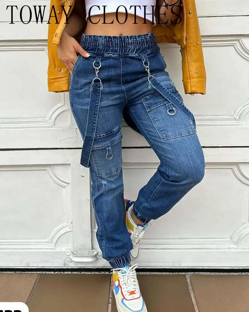 DHgate Women s Jeans Women Fashion Chic Elastic Waist Thick Straps Hook Ankle Length Denim Pants Apparel