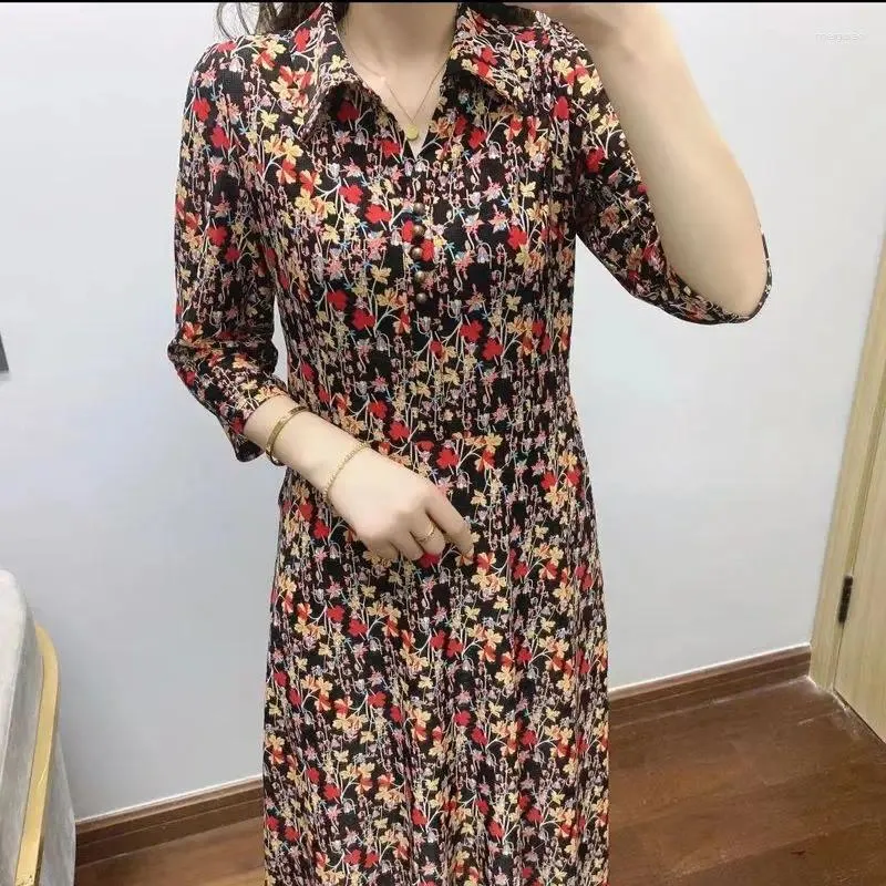 Abiti casual abiti femminile fiori rotto abito midi collare girare pulsante primavera estate 3/4 manica a manica stampato a una linea