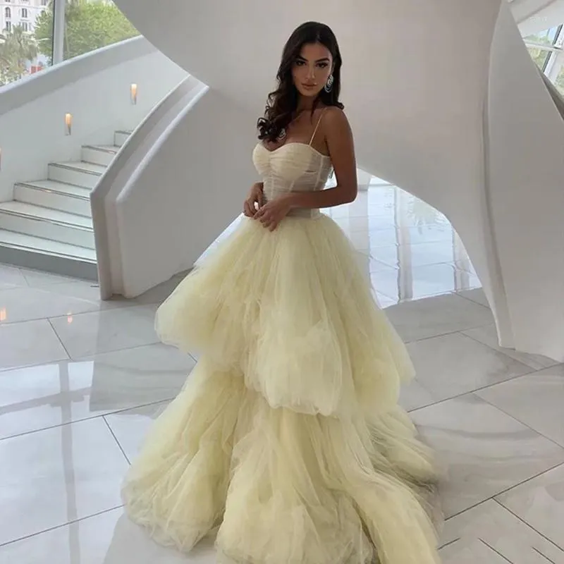 Party Dresses Yellow Spaghetti Stems Prom Gowns Elegant Ruffles Tulle Evening Women 2024 dragkedja backless cocktail