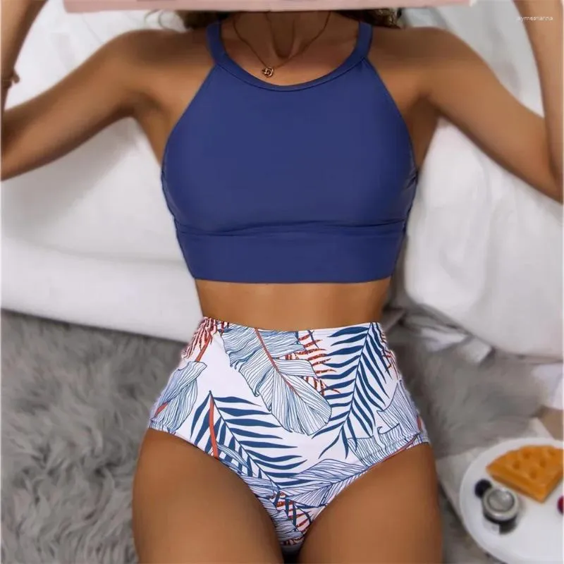 Women's Swimwear High Waist Print Bikini Tank Top Swimsuit Brazilian Leaves Women Two Piece Bikinis Set Beach Bathing Suit Tankini Mujer