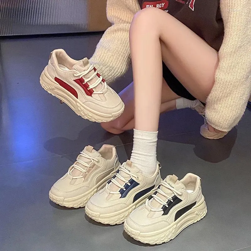 Casual Shoes Spring Leisure Sports Versatile Show High Leather Matsu Cake Dad Tjock Sole Little White For Women