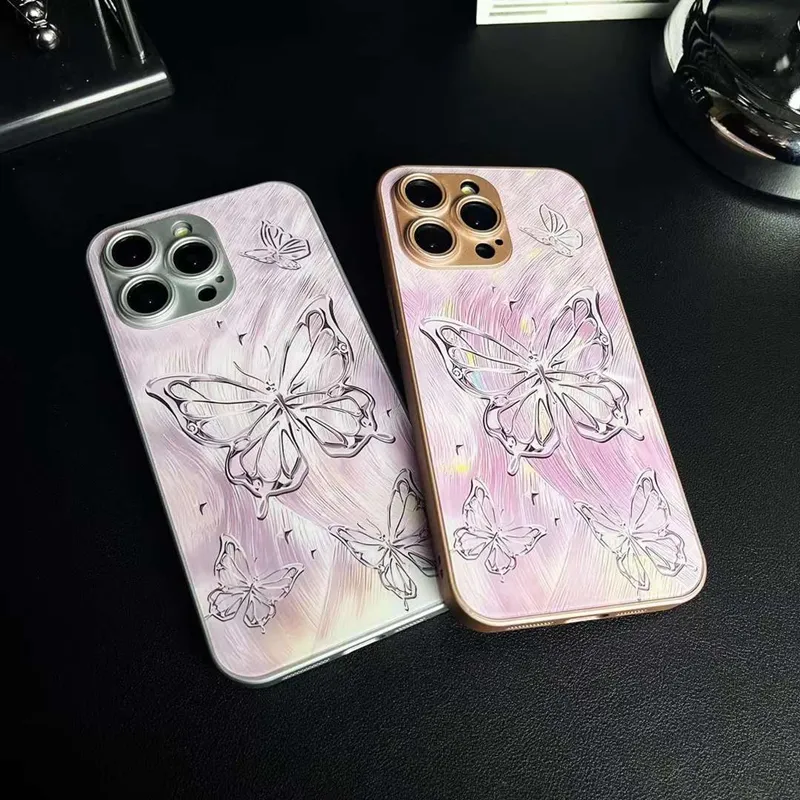 Fashion Butterfly Metallic peint en verre en verre pour iPhone 15 Pro Max 14 plus 13 12 11 iPhone15 Luxury mignon joli plastique dur pc soft tpu fine trou de téléphone